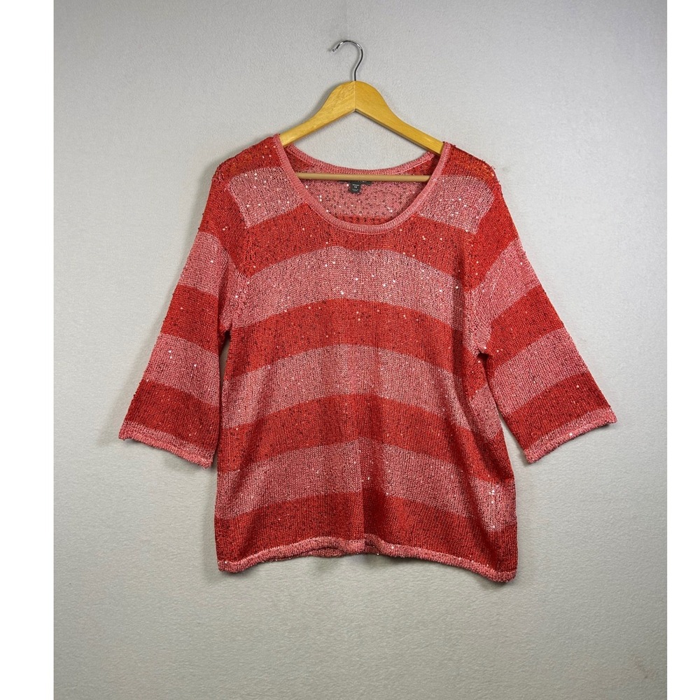 Roz & Ali Striped Sequin Sweater Woman 1X Red Pink 3/4 Sleeve Scoop Neck Mesh